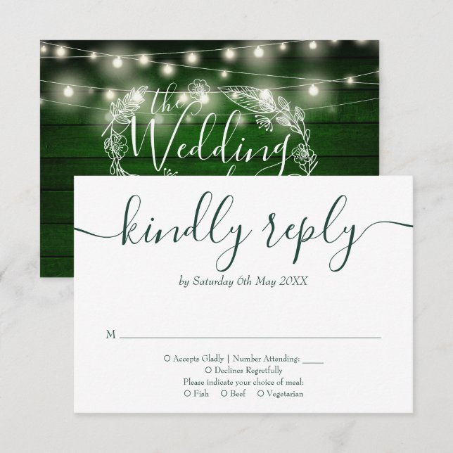 Tarjeta De Confirmación De Asistencia Cadena Rustica De Madera Verde Enciende El Guión F (Anverso / Reverso)