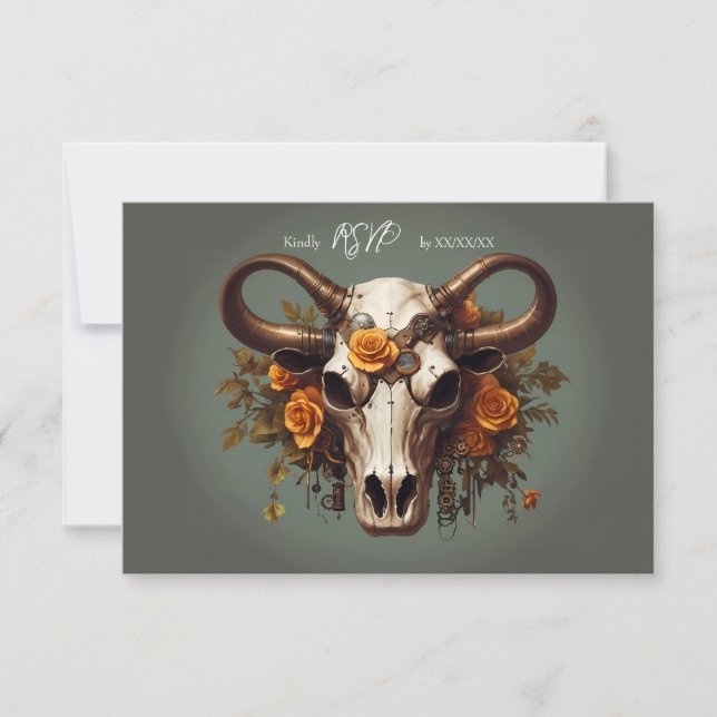 Tarjeta De Confirmación De Asistencia Calavera de Vaca Floral Steampunk Romántico para B (Anverso)