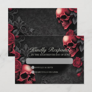 Tarjeta De Confirmación De Asistencia Calavera gótica y Rosa elegante Boda oscuro