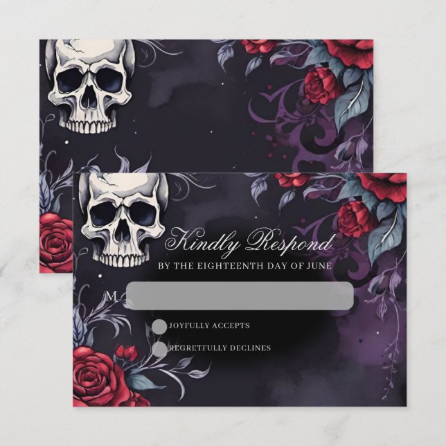 Tarjeta De Confirmación De Asistencia Calavera gótica y Rosa elegante Boda oscuro (Anverso / Reverso)