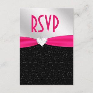 Tarjeta De Confirmación De Asistencia Caliente rosa Negro Floral Damask Diamond Heart RS