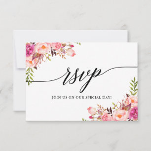Tarjeta De Confirmación De Asistencia Caligrafía Boda floral rosa Tarjeta de comidas RSV
