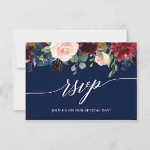 Tarjeta De Confirmación De Asistencia Caligrafía Borgoña Boda floral azul