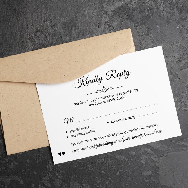 Tarjeta De Confirmación De Asistencia Caligrafía clásica simple boda blanco y negro (Subido por el creador)