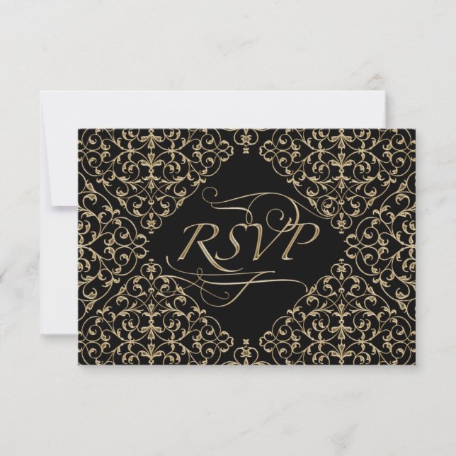 Tarjeta De Confirmación De Asistencia Caligrafía de oro Art Deco Nouveau Lace Damask (Anverso)