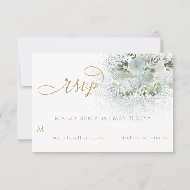 Tarjeta De Confirmación De Asistencia Caligrafía dorada floral romántica azul polvorient (Anverso)