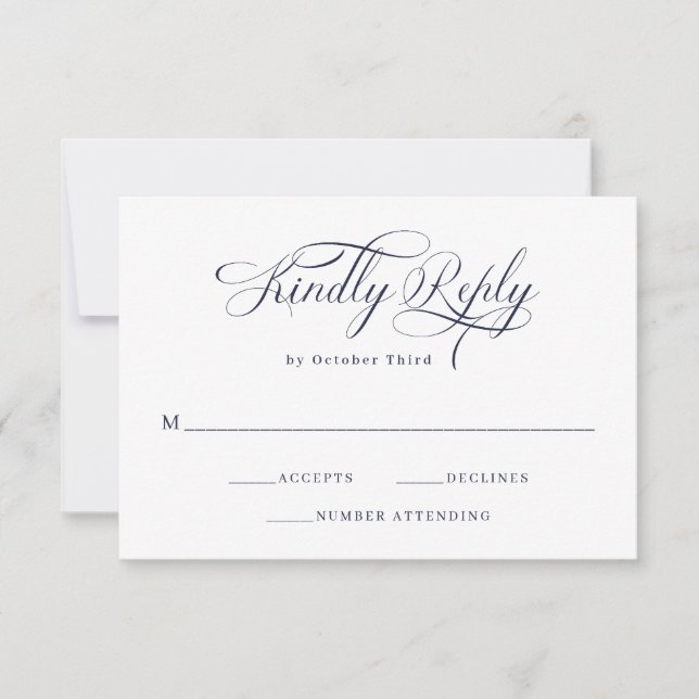 Tarjeta De Confirmación De Asistencia Caligrafía elegante | Boda azul de la Marina (Anverso)