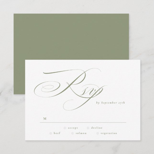 Tarjeta De Confirmación De Asistencia Caligrafía elegante formal Sage Green Boda (Anverso / Reverso)