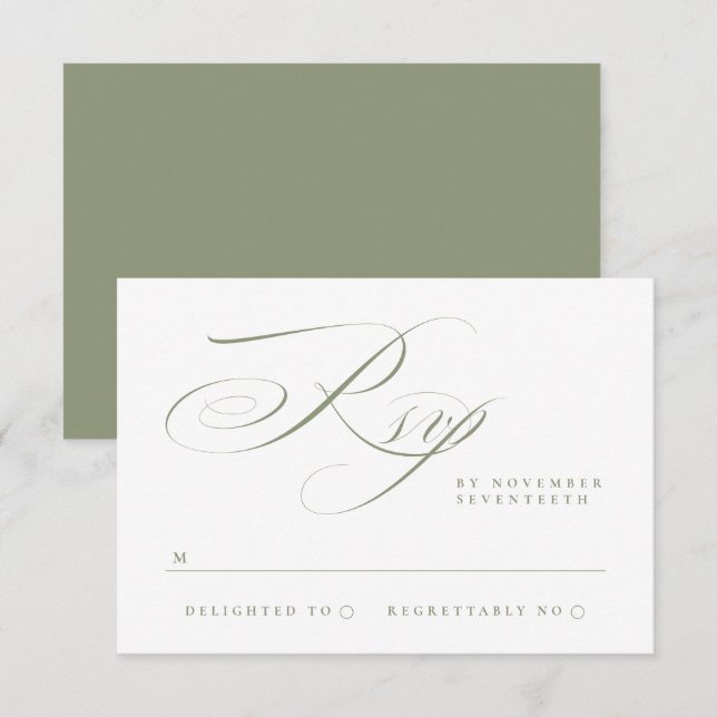 Tarjeta De Confirmación De Asistencia Caligrafía elegante tradicional Boda verde sabio (Anverso / Reverso)