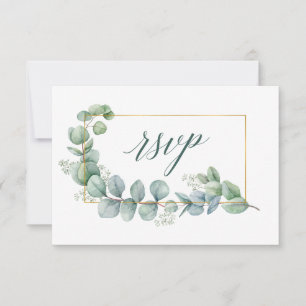 Tarjeta De Confirmación De Asistencia Caligrafía Eucalyptus Boda Verde Marco dorado