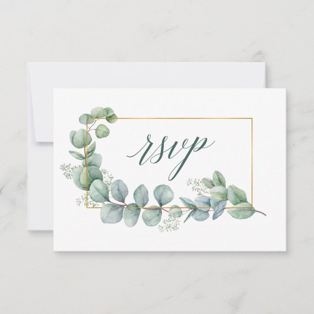 Tarjeta De Confirmación De Asistencia Caligrafía Eucalyptus Boda Verde Oro Comida (Anverso)