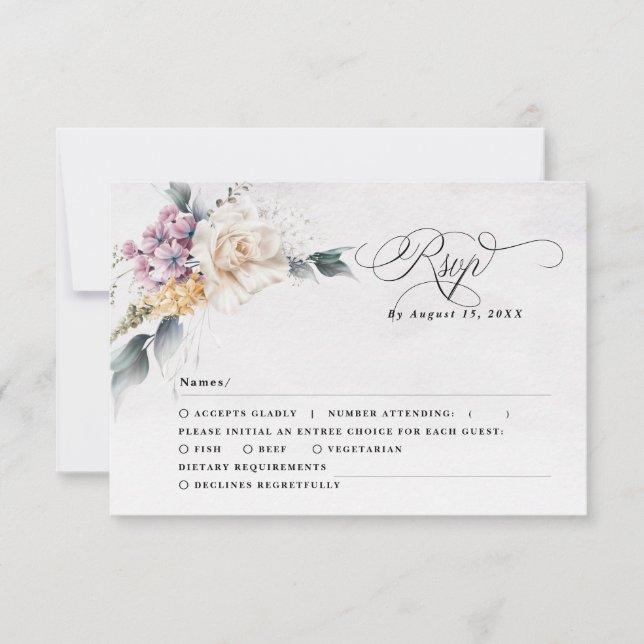 Tarjeta De Confirmación De Asistencia Caligrafía floral acuarela Boda moderno (Anverso)