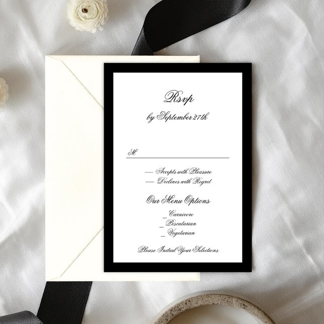 Tarjeta De Confirmación De Asistencia Caligrafía formal Boda clásico con marco negro (Subido por el creador)