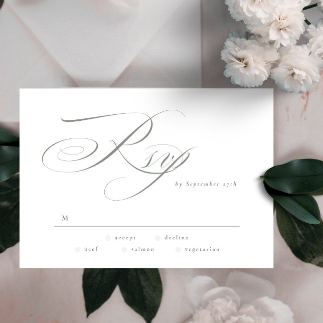 Tarjeta De Confirmación De Asistencia Caligrafía formal elegante Boda verde gris (Subido por el creador)