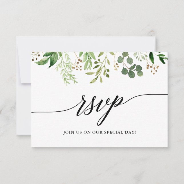Tarjeta De Confirmación De Asistencia Caligrafía moderna Boda verde botánico (Anverso)