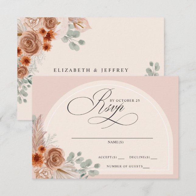 Tarjeta De Confirmación De Asistencia Caligrafía rusa Boho Terracotta Pampas Boda (Anverso / Reverso)