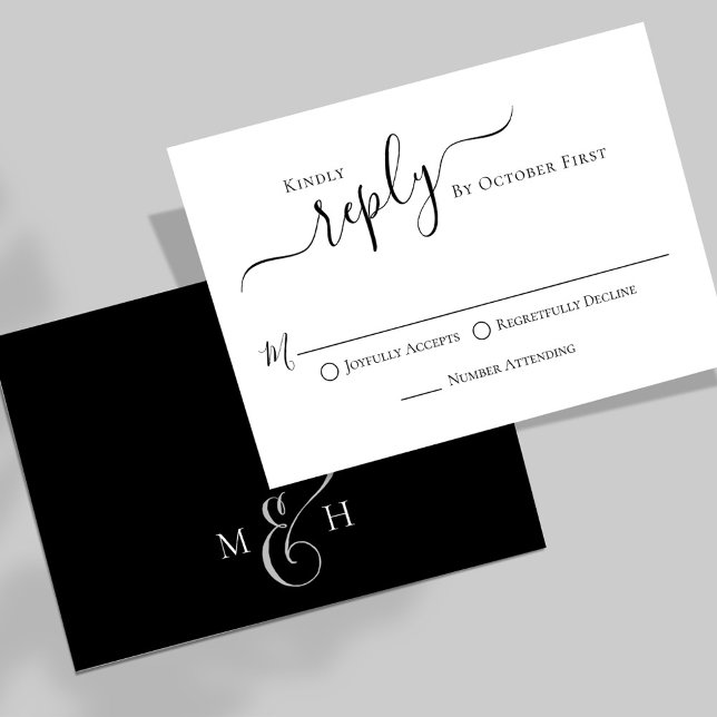 Tarjeta De Confirmación De Asistencia Caligrafía simple Elección de comida blanca negra  (Elegant simple classic meal choice black and white RSVP card. )