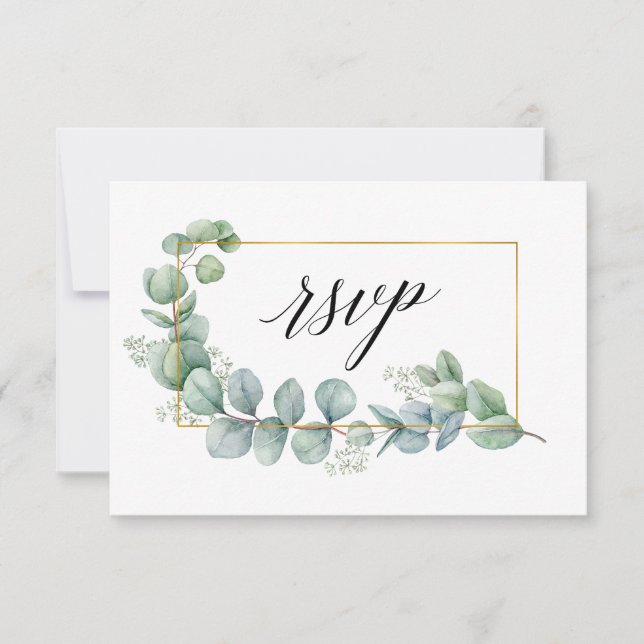 Tarjeta De Confirmación De Asistencia Calligrafía Eucalyptus Greenery Boda de oro Comida (Anverso)