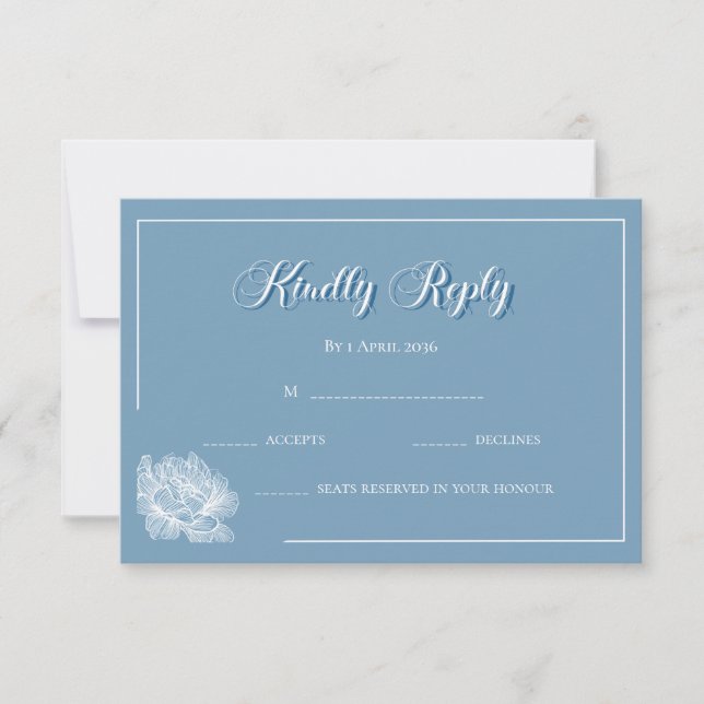 Tarjeta De Confirmación De Asistencia Calligraphy Dusty Blue White Floral Wedding  (Anverso)