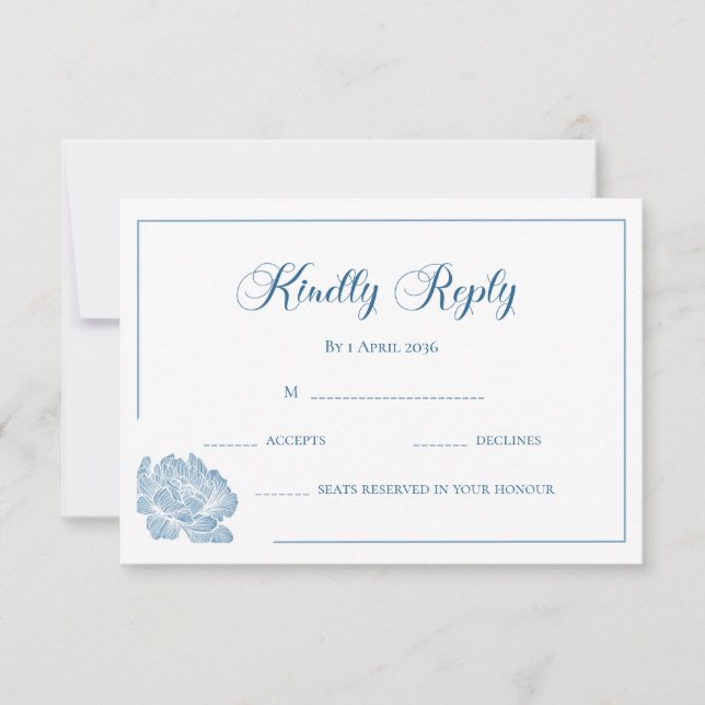 Tarjeta De Confirmación De Asistencia Calligraphy White Dusty Blue Floral Wedding (Anverso)