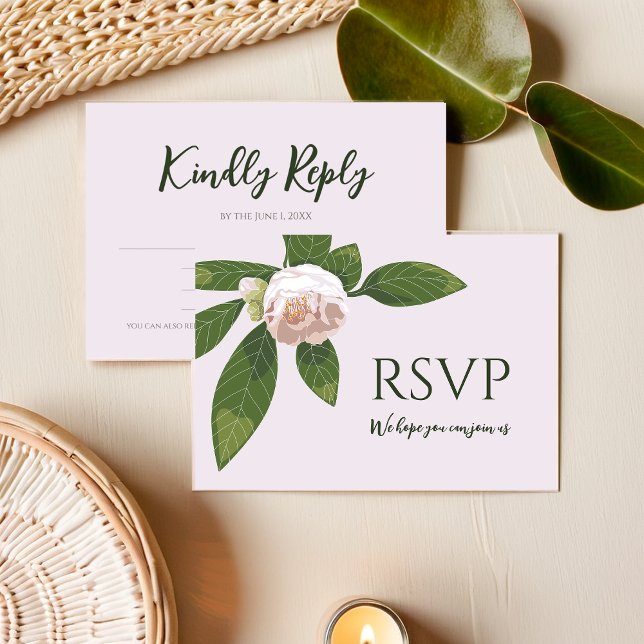 Tarjeta De Confirmación De Asistencia Camellia y verde simple elegante (Camellia and Greenery Simple Elegant Save the Date RSVP Card)