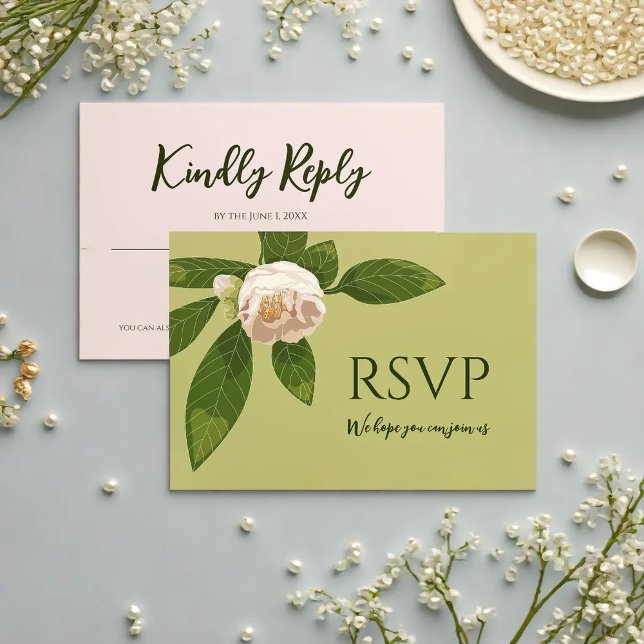 Tarjeta De Confirmación De Asistencia Camellia y verde simple elegante (Camellia and Greenery Simple Elegant Save the Date RSVP Card)
