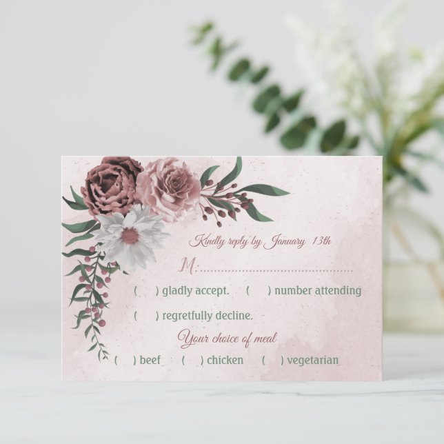 Tarjeta De Confirmación De Asistencia canela rosa rosa de comida floral blanca (Anverso de pie)