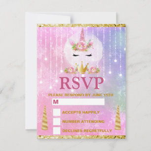 Tarjeta De Confirmación De Asistencia Cara de Unicornio Linda Flores Rosadas Quinceañera