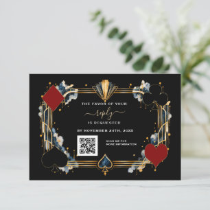Tarjeta De Confirmación De Asistencia Casino Código QR Boda Navy Gold Negro Art Déco