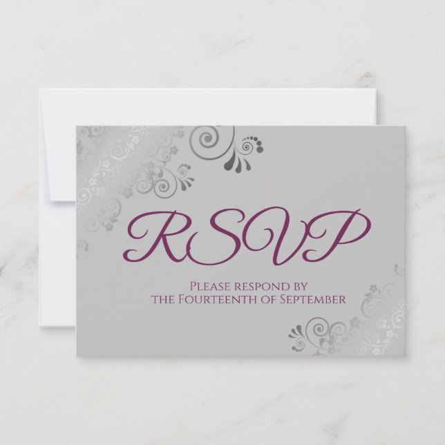 Tarjeta De Confirmación De Asistencia Cassis Purple sobre el Boda Gray Elegant Silver La (Anverso)
