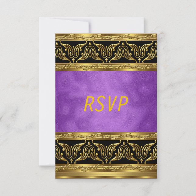 Tarjeta De Confirmación De Asistencia Celebración del cumpleaños dorado púrpura Invitaci (Anverso)