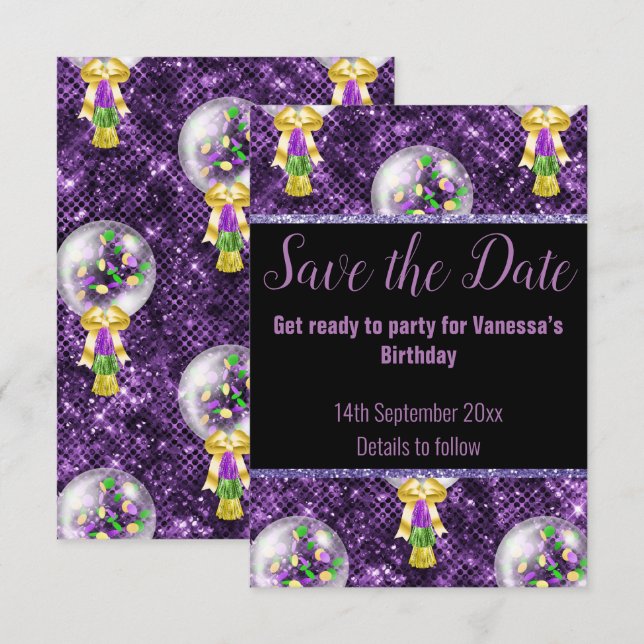 TARJETA DE CONFIRMACIÓN DE ASISTENCIA CELEBRACIÓN DEL PURPURINA DE PURPLE NEGRO GUARDAR  (Anverso / Reverso)