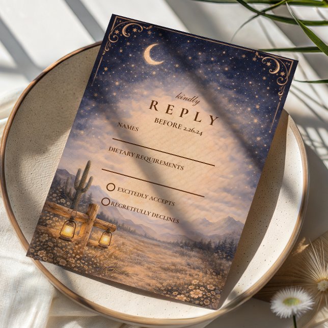Tarjeta De Confirmación De Asistencia Celestial Desert Moonlit Western Wedding (Subido por el creador)