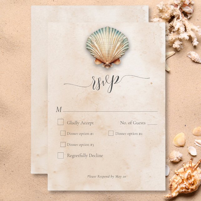 Tarjeta De Confirmación De Asistencia Cena Boda de arena costera moderna (Modern Coastal Seashell Sand Wedding Dinner RSVP Card)