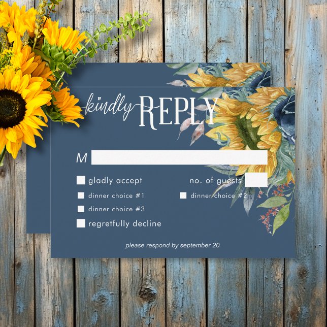 Tarjeta De Confirmación De Asistencia Cena Boda de girasoles azules y agitados (Rustic Dusty Blue Sunflowers Wedding Dinner RSVP Card)