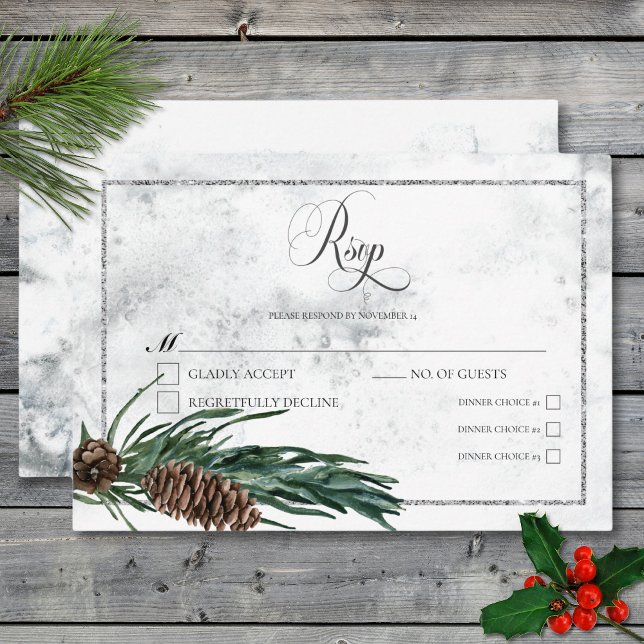 Tarjeta De Confirmación De Asistencia Cena Boda de invierno y cardenal rojo (Winter Wreath & Red Cardinal Wedding Dinner RSVP Card)