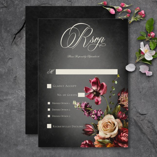 Tarjeta De Confirmación De Asistencia Cena Boda floral oscuro y elegante (Dark Elegant Blur Autumn Floral Wedding Dinner RSVP Card)