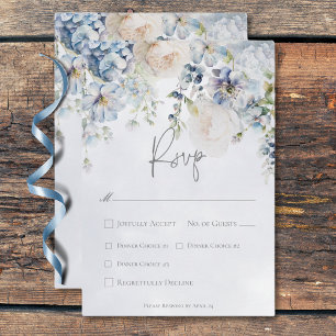 Tarjeta De Confirmación De Asistencia Cena Boda moderna con flores azules y blancas
