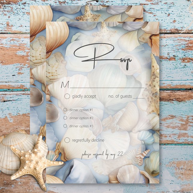 Tarjeta De Confirmación De Asistencia Cena Boda moderna en las casetas tropicales (Tropical Seashells Scene Modern Wedding Dinner RSVP Card)