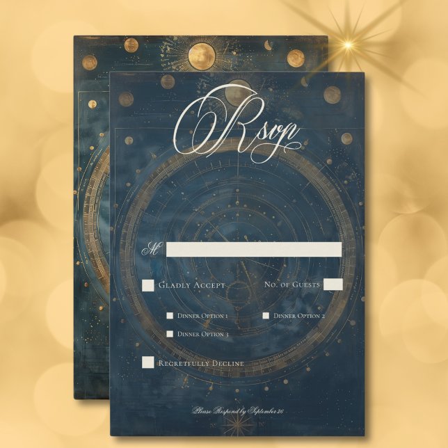Tarjeta De Confirmación De Asistencia Cena de luna azul celestial medianoche (Celestial Midnight Blue Crescent Moon Dinner RSVP Card)