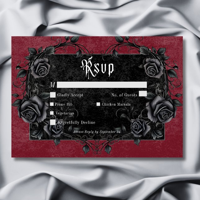 Tarjeta De Confirmación De Asistencia Cena de vino de Cuervo Negro y Rosas Gótico (Gothic Black Raven & Roses Wine Dinner RSVP Card)