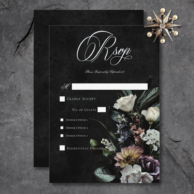 Tarjeta De Confirmación De Asistencia Cena floral gótica oscura y misteriosa (Dark Gothic Mysterious Muted Floral Dinner RSVP Card)