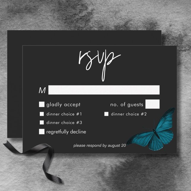 Tarjeta De Confirmación De Asistencia Cena Moody Mínima Verde azulada Moth Boda (Dark Moody Minimal Teal Moth Wedding Dinner RSVP Card)