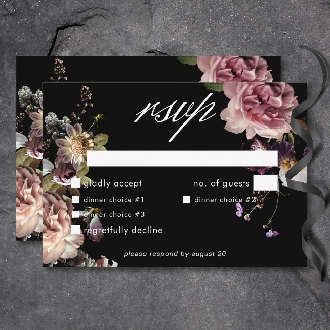 Tarjeta De Confirmación De Asistencia Cena negra floral oscura Moody Pastel (Dark Moody Pastel Opulent Floral Black Dinner RSVP Card)