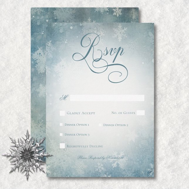 Tarjeta De Confirmación De Asistencia Cena romántica en Boda azul y blanco (Romantic Falling Snow Blue & White Wedding Dinner RSVP Card)