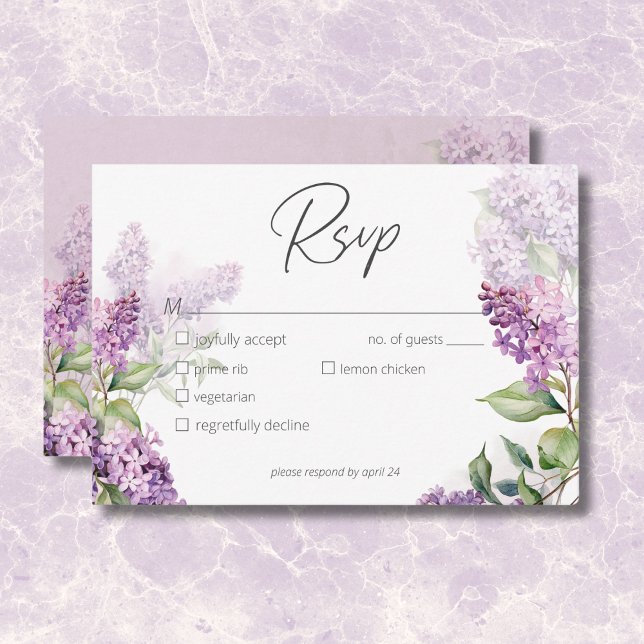 Tarjeta De Confirmación De Asistencia Cena Romántica Moderna Purple & Sage Lilacs (Modern Romantic Purple & Sage Lilacs Dinner RSVP Card)