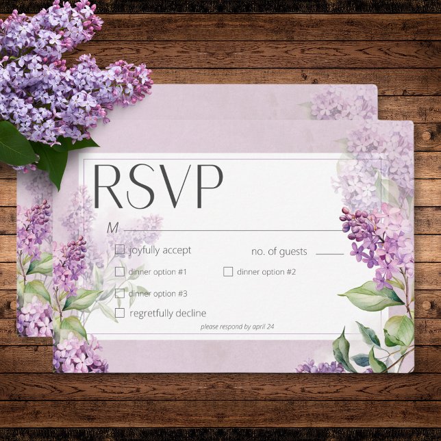 Tarjeta De Confirmación De Asistencia Cena rústica romántica púrpura y salvia (Rustic Romantic Purple & Sage Lilacs Dinner RSVP Card)