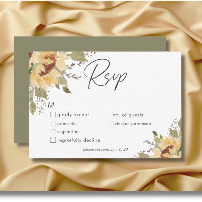 Tarjeta De Confirmación De Asistencia Cena suave rustica grande Boho Sunflowers Boda (Soft Rustic Large Boho Sunflowers Wedding Dinner RSVP Card)