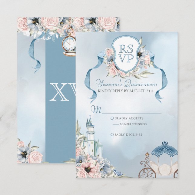 Tarjeta De Confirmación De Asistencia Cenicienta Fairytale Elegante Rosa Azul Quinceaner (Anverso / Reverso)