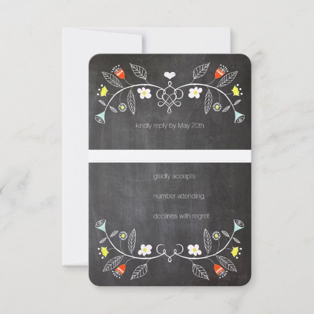 Tarjeta De Confirmación De Asistencia Chalkboard Mint Naranja Floral Garland Boda (Anverso)